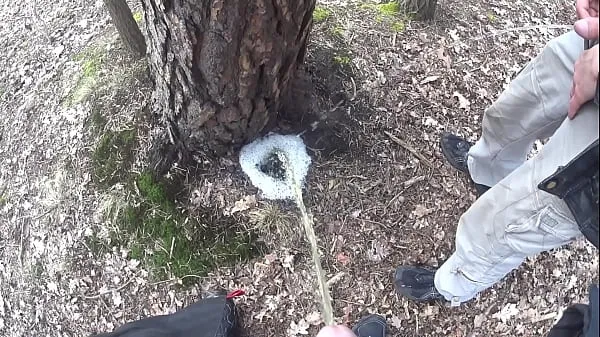 Assista meninos urinando em uma grande poça de espuma em uma árvore tubo legal